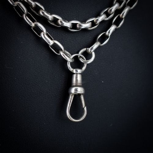 ANTIQUE SILVER LONG GUARD CHAIN NECKLACE WITH DOG CLIP 65 LENGTH - ADDITIONAL PHOTO 4