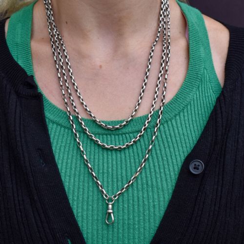 ANTIQUE SILVER LONG GUARD CHAIN NECKLACE WITH DOG CLIP 65 LENGTH - ADDITIONAL PHOTO 8