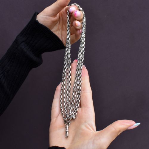 ANTIQUE SILVER LONG GUARD CHAIN NECKLACE WITH DOG CLIP 65 LENGTH - ADDITIONAL PHOTO 9