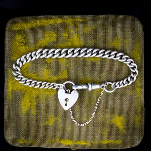ANTIQUE GRADUATED CURB STERLING SILVER BRACELET WITH DOG CLIP AND HEART PADLOCK 7