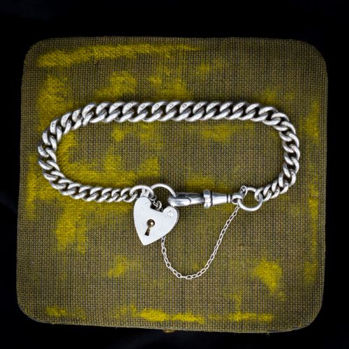 ANTIQUE GRADUATED CURB STERLING SILVER BRACELET WITH DOG CLIP AND HEART PADLOCK 7 - ADDITIONAL PHOTO 1
