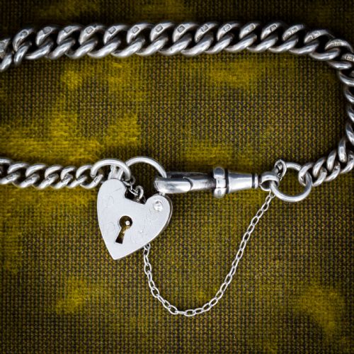 ANTIQUE GRADUATED CURB STERLING SILVER BRACELET WITH DOG CLIP AND HEART PADLOCK 7 - ADDITIONAL PHOTO 2