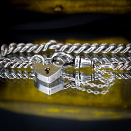 ANTIQUE GRADUATED CURB STERLING SILVER BRACELET WITH DOG CLIP AND HEART PADLOCK 7 - ADDITIONAL PHOTO 4