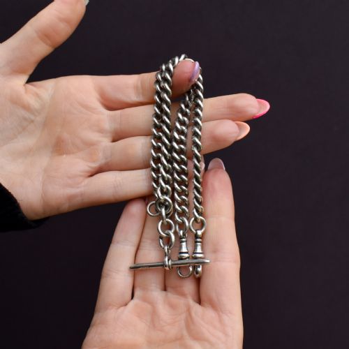 ANTIQUE STERLING SILVER CURB LINK ALBERT WATCH CHAIN NECKLACE 15 - ADDITIONAL PHOTO 1