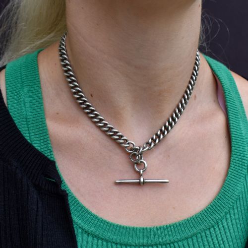 ANTIQUE STERLING SILVER CURB LINK ALBERT WATCH CHAIN NECKLACE 15 - ADDITIONAL PHOTO 2