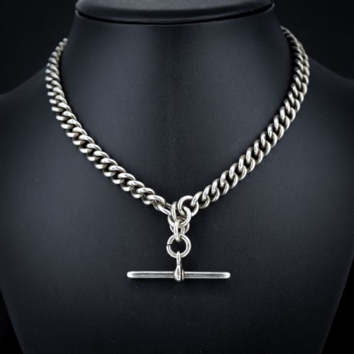 ANTIQUE STERLING SILVER CURB LINK ALBERT WATCH CHAIN NECKLACE 15 - ADDITIONAL PHOTO 3