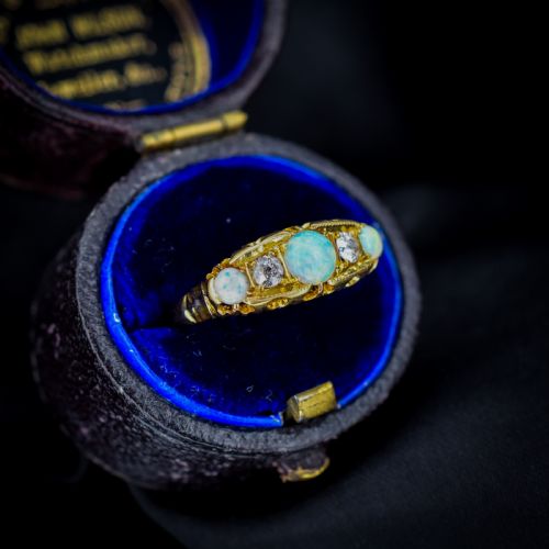 ANTIQUE NATURAL OPAL AND DIAMOND 18CT GOLD BOAT RING BIRMINGHAM 1906 - ADDITIONAL PHOTO 5