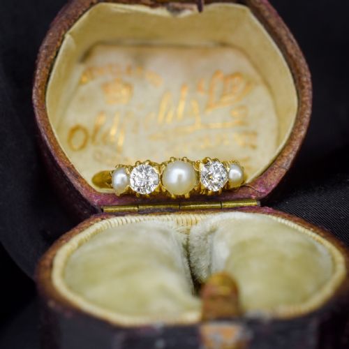 Antique Victorian Pearl and Old Cut Diamond Five Stone 18ct Yellow Gold Ring Band