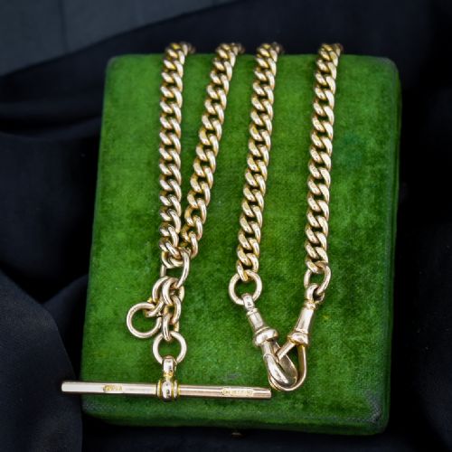 Art Deco 9ct Gold Uniform Curb Link Dog Clip Albert Watch Chain Necklace - 15.25"