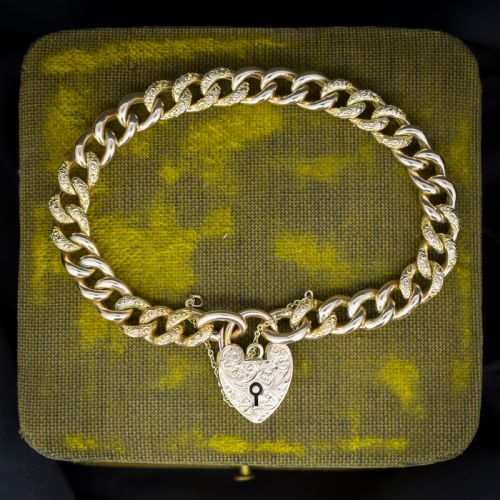 Antique Engraved Heart Padlock Fancy Curb 9ct Gold Bracelet 7"