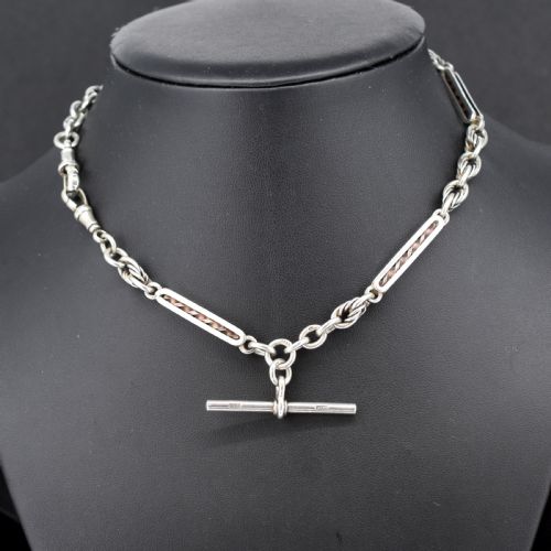 ANTIQUE '1909' STERLING SILVER BAR AND LOVE KNOT ALBERT CHAIN NECKLACE 145 - ADDITIONAL PHOTO 1