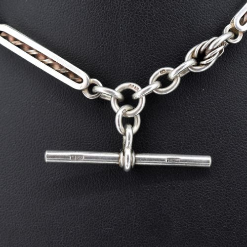 ANTIQUE '1909' STERLING SILVER BAR AND LOVE KNOT ALBERT CHAIN NECKLACE 145 - ADDITIONAL PHOTO 2