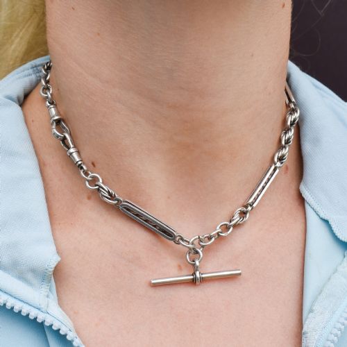 ANTIQUE '1909' STERLING SILVER BAR AND LOVE KNOT ALBERT CHAIN NECKLACE 145 - ADDITIONAL PHOTO 12