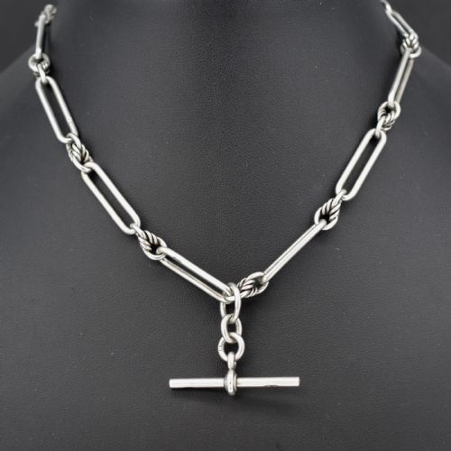 ANTIQUE '1923' STERLING SILVER TROMBONE WATCH CHAIN WITH DOUBLE DOG CLIP AND T BAR 15 - ADDITIONAL PHOTO 1