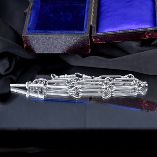 ANTIQUE '1923' STERLING SILVER TROMBONE WATCH CHAIN WITH DOUBLE DOG CLIP AND T BAR 15 - ADDITIONAL PHOTO 5