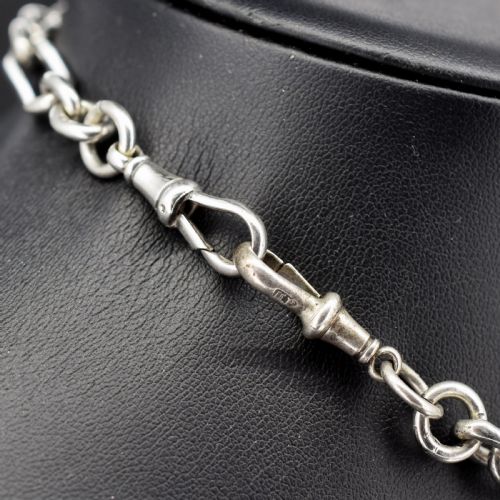 ANTIQUE '1893' STERLING SILVER TROMBONE WATCH CHAIN WITH DOG CLIPS AND T BAR 135 - ADDITIONAL PHOTO 3