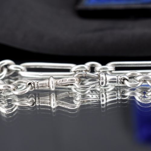 ANTIQUE '1893' STERLING SILVER TROMBONE WATCH CHAIN WITH DOG CLIPS AND T BAR 135 - ADDITIONAL PHOTO 4