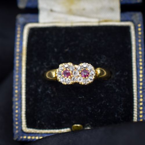 ANTIQUE RUBY AND DIAMOND DOUBLE CLUSTER INFINITY 18CT YELLOW GOLD RING - ADDITIONAL PHOTO 2