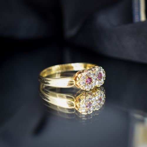 ANTIQUE RUBY AND DIAMOND DOUBLE CLUSTER INFINITY 18CT YELLOW GOLD RING - ADDITIONAL PHOTO 4