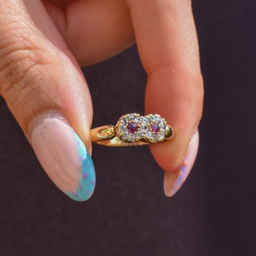 ANTIQUE RUBY AND DIAMOND DOUBLE CLUSTER INFINITY 18CT YELLOW GOLD RING - ADDITIONAL PHOTO 7