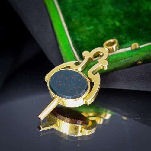 ANTIQUE 18CT GOLD BLOODSTONE AGATE SPINNING FOB WATCH KEY PENDANT DATED 1879 - ADDITIONAL PHOTO 6