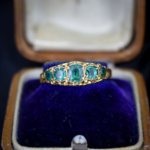 Antique Victorian '1868' Five Stone Emerald Green Paste 15ct Yellow Gold Scroll Ring