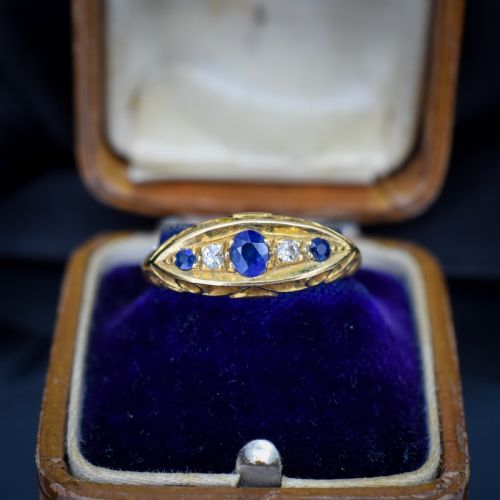 Antique Sapphire and Diamond 18ct Yellow Gold Boat Ring | Birmingham 1910