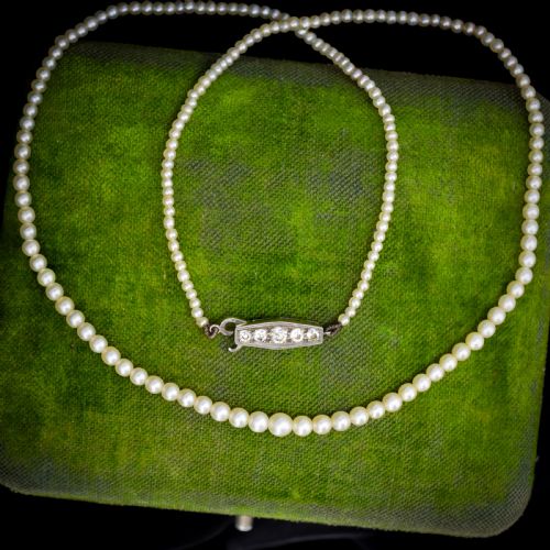 Vintage Pearl 18ct White Gold Diamond Strand Beaded Necklace | 16.5"