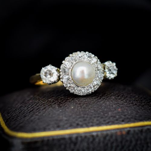 Antique Edwardian Diamond and Pearl Cluster 18ct Yellow Gold Ring