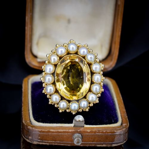 Antique 5.41ct Citrine and Pearl Oval Halo Cluster Gold Ring