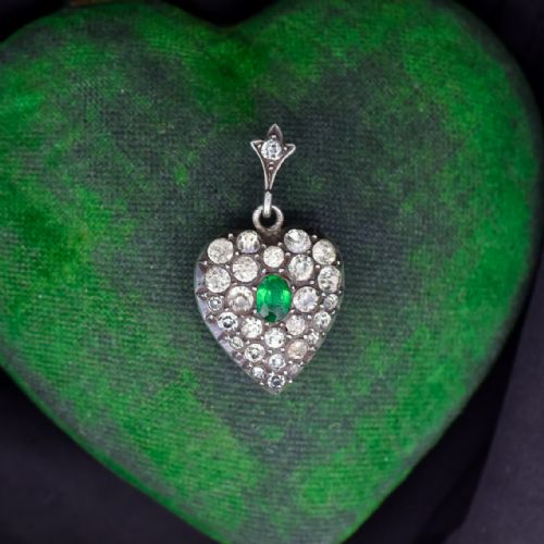 Antique Old Cut Paste Green Sterling Silver Puffy Heart Pendant