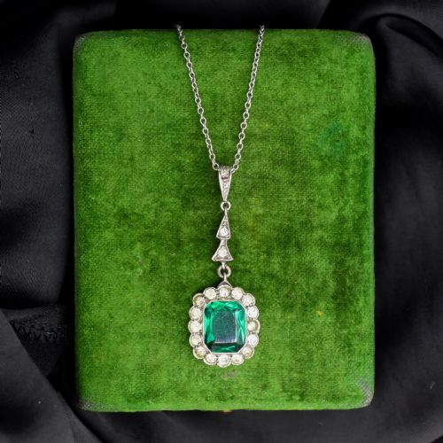 Antique Emerald Cut Paste Silver Pendant and Chain Necklace | 15.5"