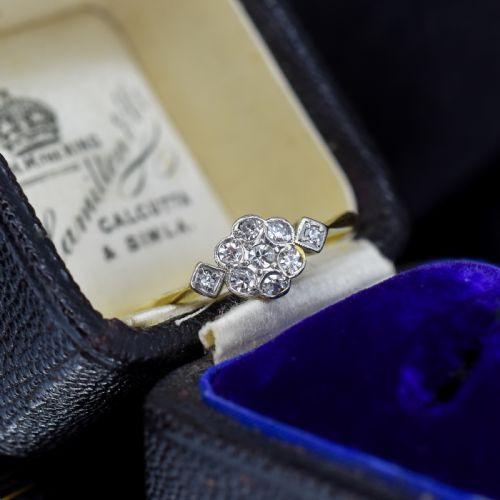 Antique Edwardian Diamond Bezel Cluster Daisy 18ct Yellow Gold and Platinum Ring