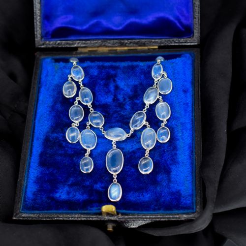Antique Moonstone Silver Drop Fringe Festoon Necklace | 15.25"