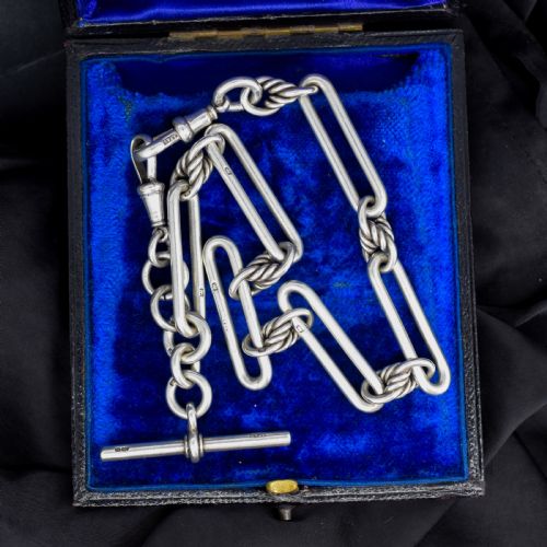 Antique '1902' Sterling Silver Trombone Love Knot Watch Chain | 13"