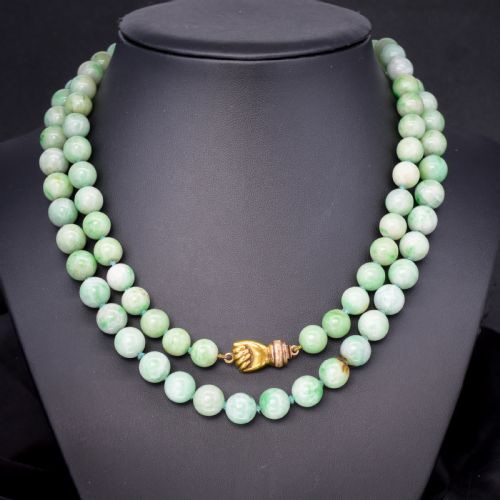 Antique Jade Beaded Strand Necklace with Figa Hand Clasp | 35"