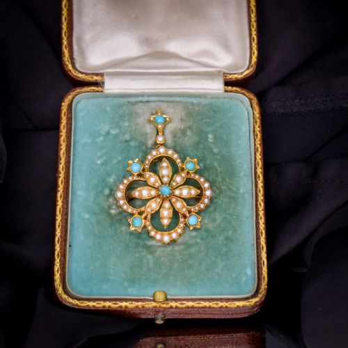 Antique Boxed Turquoise and Pearl 15ct Gold Pendant and Brooch