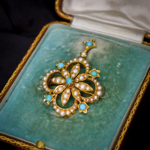 fig 1. Antique Boxed Turquoise and Pearl 15ct Gold Pendant and Brooch