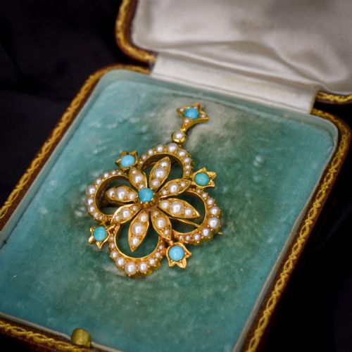 fig 2. Antique Boxed Turquoise and Pearl 15ct Gold Pendant and Brooch