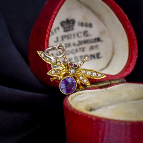 fig 1. Antique 15ct Gold Amethyst and Pearl Insect Fly Charm Pendant