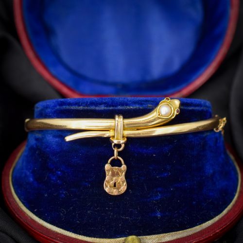 Antique Boxed 15ct Gold Pearl Snake Serpent Bangle Bracelet