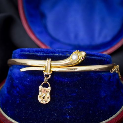 fig 2. Antique Boxed 15ct Gold Pearl Snake Serpent Bangle Bracelet