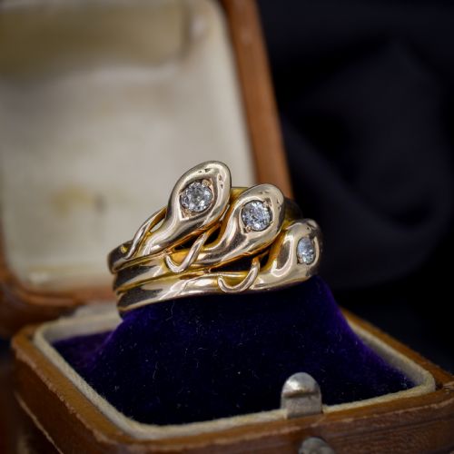 fig 1. Antique Old Cut Diamond Triple Snake Serpent 9ct Gold Band Ring