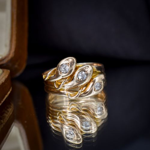 fig 2. Antique Old Cut Diamond Triple Snake Serpent 9ct Gold Band Ring