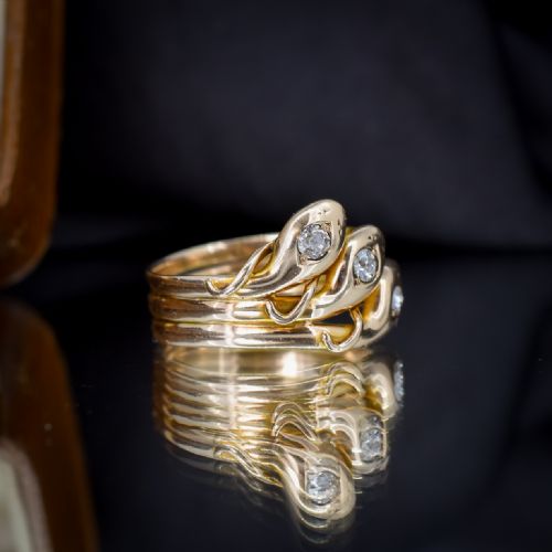 fig 3. Antique Old Cut Diamond Triple Snake Serpent 9ct Gold Band Ring