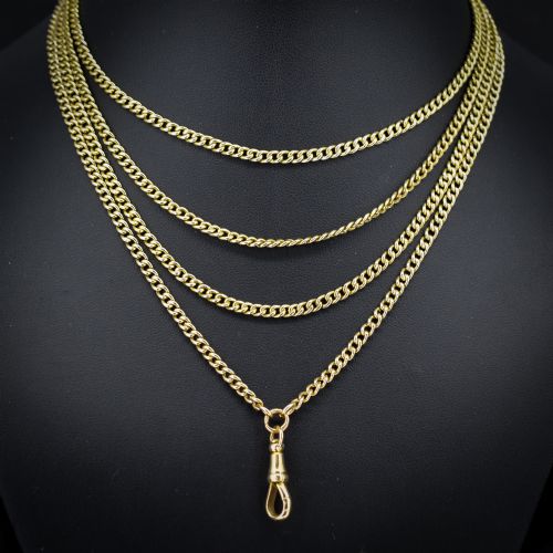 Antique '1904' 9ct Solid Gold Curb Link Guard Chain Necklace with Dog Clip | 58"