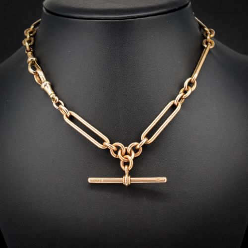 Antique '1902' 9ct Gold Trombone Link Chain Necklace with Dog Clip and T-bar 14.5"