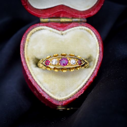 Antique Edwardian Ruby and Diamond 18ct Yellow Gold Boat Ring | Chester 1909