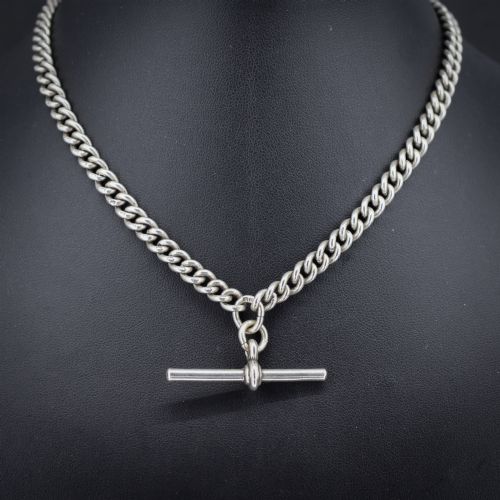 Antique '1919' Sterling Silver Uniform Curb Link Albert Watch Chain Necklace – 15.25"