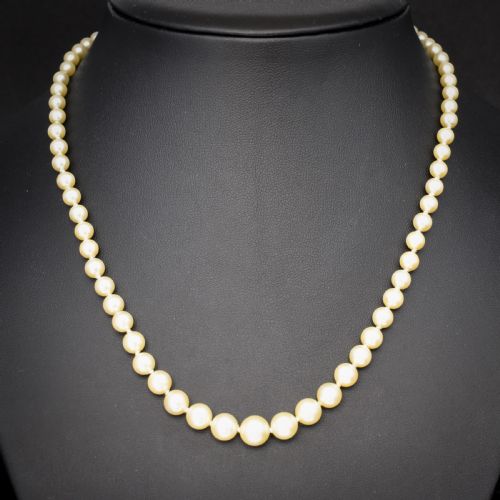 fig 1. A 17-inch strand of graduated cream pearls featuring individually knotted beads and a gold bow-shaped clasp, resting on green velvet.
